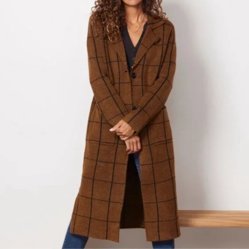 John + Jenn Long Button-Front Sweater Jacket/Coat, Windowpane - Womens Small - Picture 2 of 16